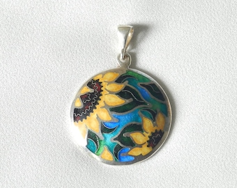 Cloisonne-ketting, Georgisch email, sterlingzilveren cloisonné geëmailleerde hanger zonnebloemen, ambachtelijke sieraden, handgemaakte cloisonné cadeau voor vrouw
