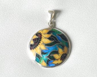 Cloisonne necklace, georgian enamel, sterling silver cloisonne enamel pendant sunflowers, artisan jewelry, handmade cloisonne gift for woman