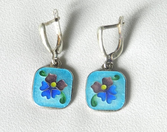 Handmade Cloisonne Enamel Sterling Silver Earrings, Floral Artisan Jewelry
