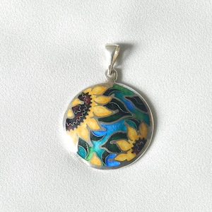 Cloisonne necklace, georgian enamel, sterling silver cloisonne enamel pendant sunflowers, artisan jewelry, handmade cloisonne gift for woman