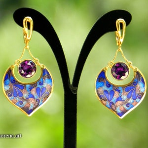 Georgian enamel, cloisonne enamel earrings with purple zircon stone, gold plated silver earrings, georgische emaille ohrringe, gift idea