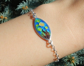 Pulsera Noche Estrellada artesanal, esmalte cloisonné georgiano, plata fina