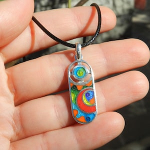 Georgian cloisonne enamel pendant, rectangle necklace silver jewelry for woman artisan multicolor necklace with silver wires ornaments