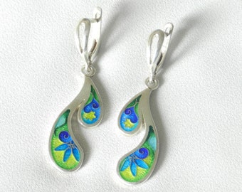 Cloisonne earrings, georgian enamel, sterling silver cloisonne enamel earrings, artisan jewelry, handmade cloisonne gift for woman