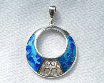 Georgian Cloisonne Enamel Sterling Silver Pendant Necklace, Ocean Blue