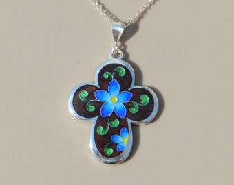 Georgian cloisonne enamel cross, artisan jewelry, sterling silver cross - forget me not jewelry, vitreous enamel cross, gift ideas for woman