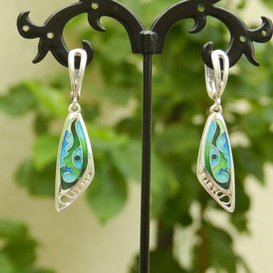 cloisonne enamel earrings / hand carved earrings / solid silver jewelry / hand crafted earrings