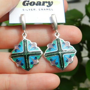 Georgan cloisonne enamel earrings, silver earrings, vitreous enamel champleve, artisan jewelry, Tbilisi souvenir, georgia jewelry