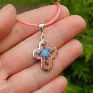Georgian cloisonne enamel necklace, cloisonne cross, forget me not enamel cross, floral cross for woman, orthodox cross, silver necklace