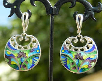 Handmade Cloisonne Enamel Earrings, Fine Silver Floral Jewelry