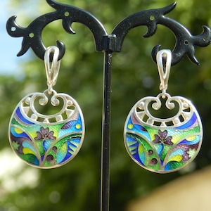 Cloisonne enamel earrings / latch back earrings / hand carved earrings