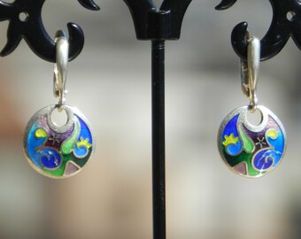 Handmade Cloisonne Enamel Sterling Silver Earrings, Georgian Jewelry