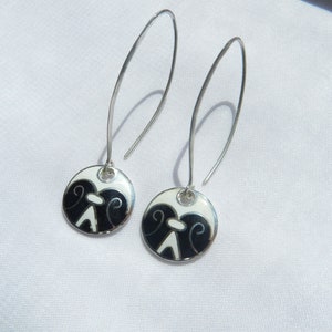 Georgian cloisonne enamel earrings, black and white earrings, fine silver jewelry, round minimalist earrings, light weight dangle & drop