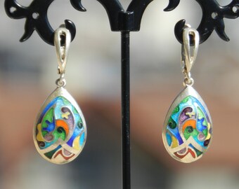Georgian Cloisonne Enamel Dangle Earrings, Sterling Silver, Handmade