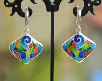 Cloisonne earrings, georgian enamel, sterling silver cloisonne enamel earrings, artisan jewelry, handmade cloisonne gift for woman rhombus