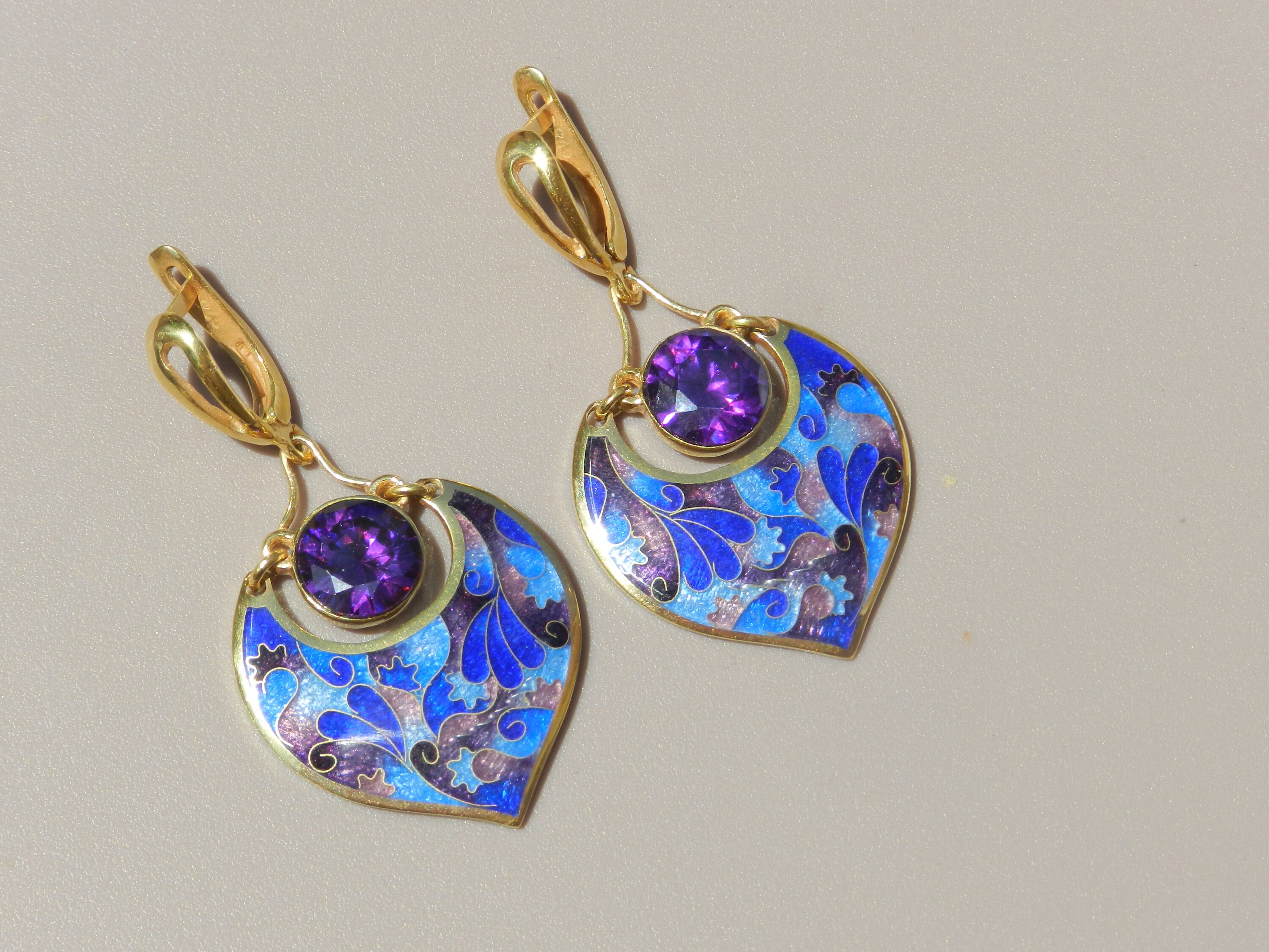 Georgian enamel cloisonne enamel earrings with purple zircon | Etsy