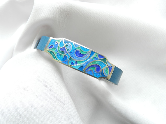 Georgian Cloisonne Enamel Silver Bracelet, Handmade Blue Jewelry