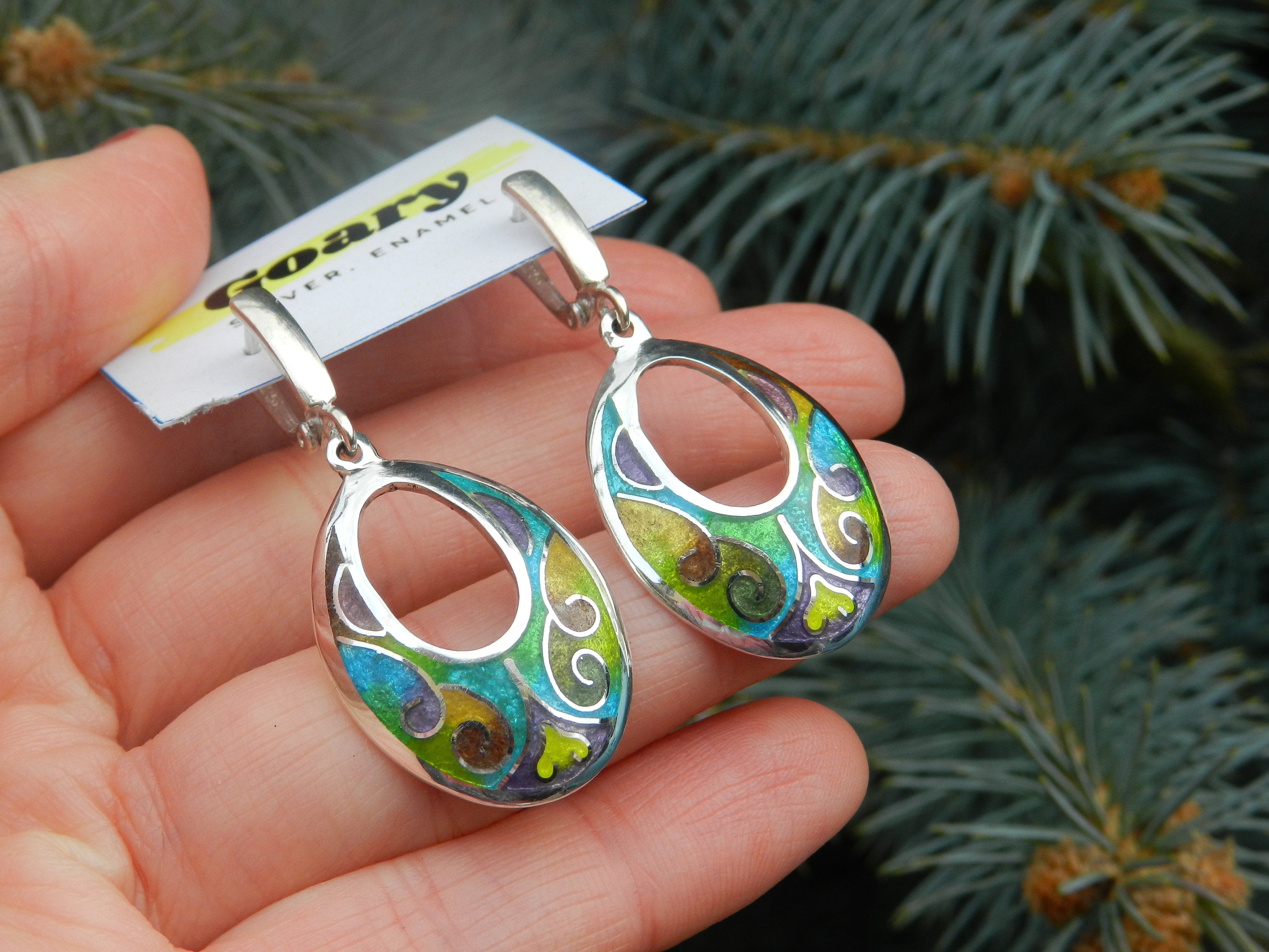 Georgian Cloisonne Enamel Earrings Minankari Tbilisi Oval Shaped