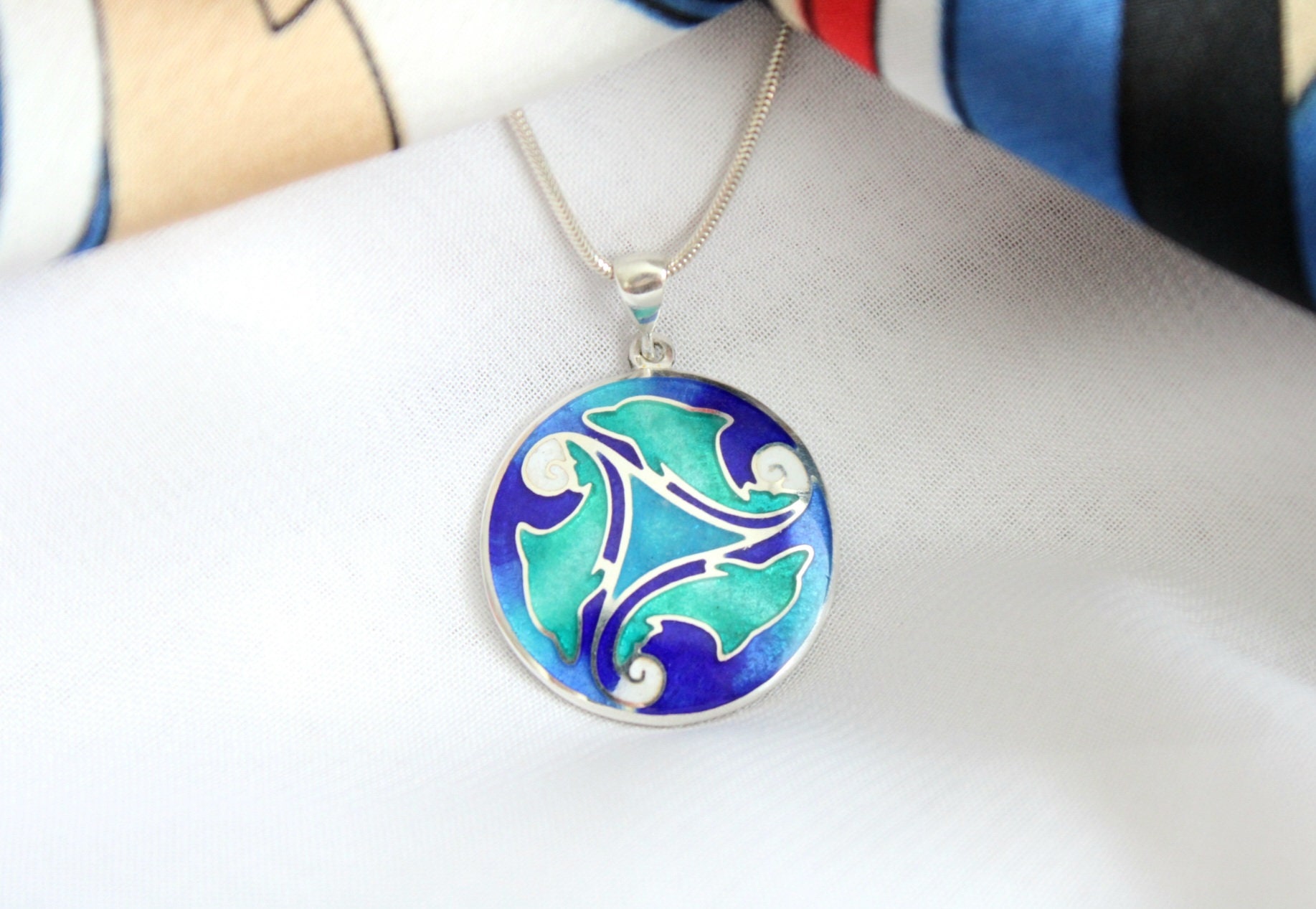Georgian cloisonne enamel necklace dolphins in the sea cloisonne pendant enamel champleve vitreous enamel minankari Tbilisi Batumi Dolphins