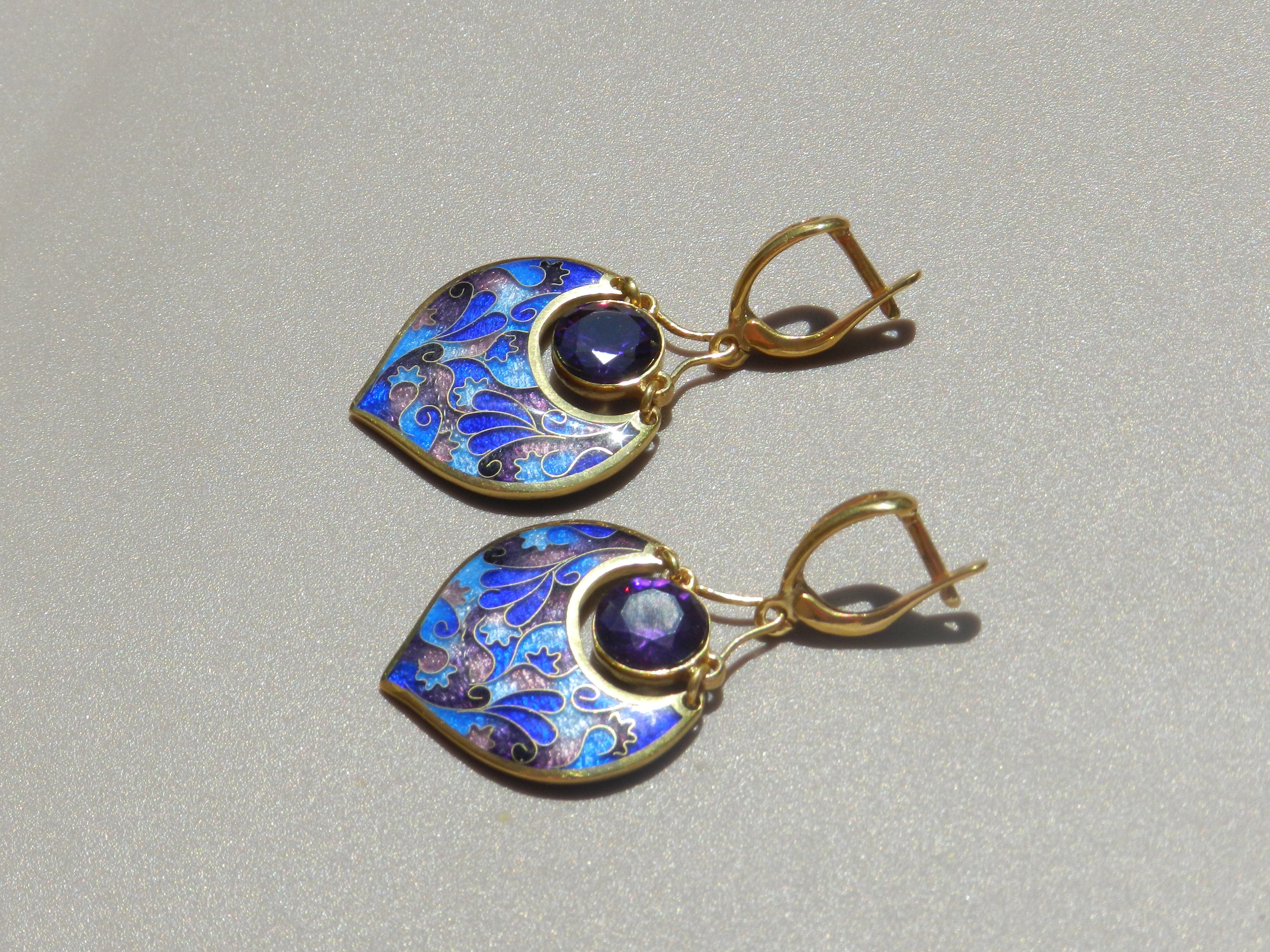 Georgian enamel cloisonne enamel earrings with purple zircon | Etsy