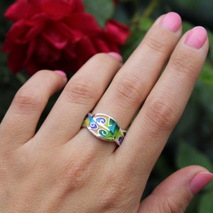 Georgian cloisonne enamel ring artisan silver jewelry colorful ring vitreous enamel champleve plique a jour unique jewelry Tbilisi souvenir