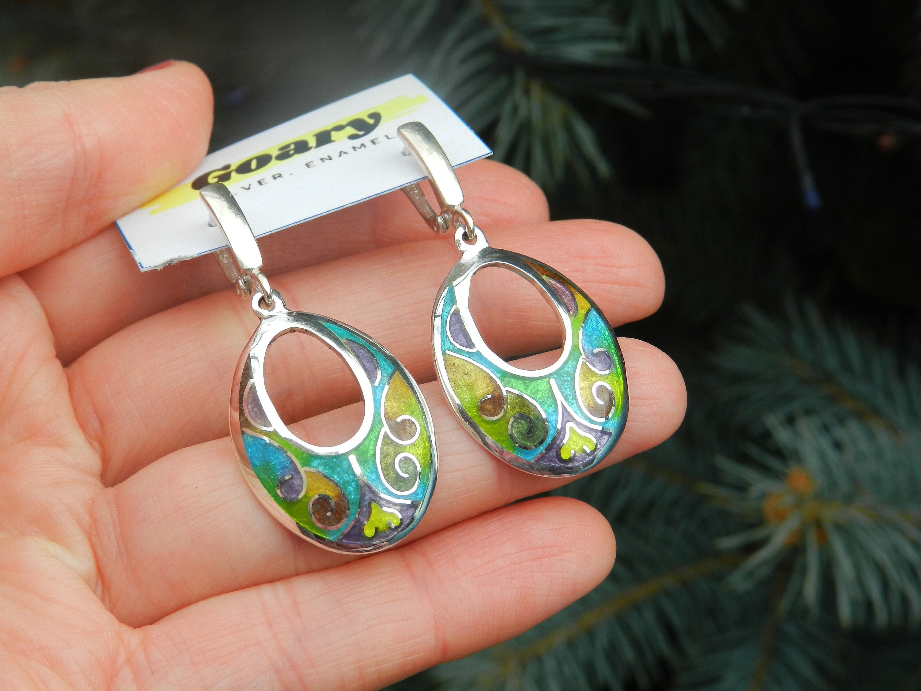 Georgian Cloisonne Enamel Earrings Minankari Tbilisi Oval Shaped