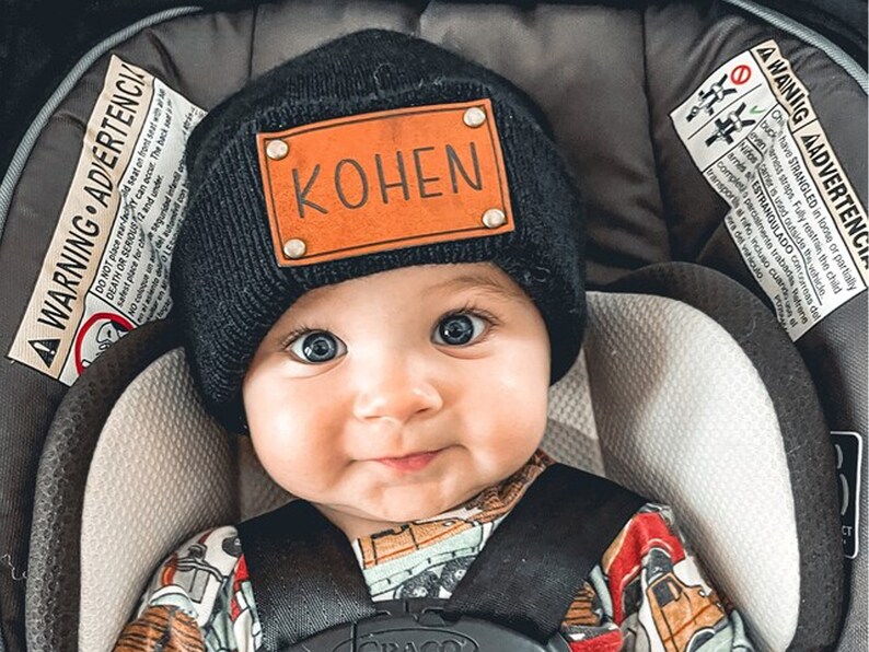 Signature Cursive Custom Name Trucker Hat Infant Toddler Kids Youth Child Baby Newborn Beanie Slouchy Personalized Name Vegan Leather Patch