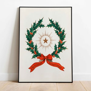 Vintage Christmas Poster, Christmas Decor, Wreath and Star of Bethlehem