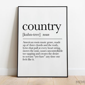 Country Definition Print, Music Wall Decor, Country decor, Bluegrass Sign, Folk Poster