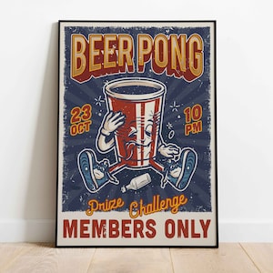 Beer Pong Vintage Poster, College Dorm Decoration, University Frat Decor