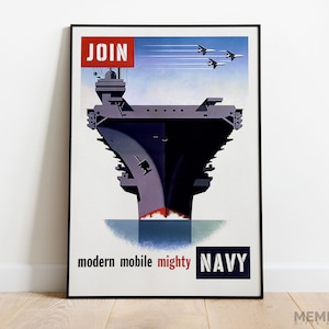 Join Navy Poster, Modern Mobile Mighty Navy Recruitment Print, Aircraft Carrier Propaganda Decor, US Military Wall Art, Seaman Gift Idea