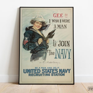 I&#39;d Join The Navy Vintage Poster | Marineblauwe wervingsprint | Propagandadecor WO II | Amerikaanse militaire muurkunst | Cadeau-idee | Ik wou dat ik een man was