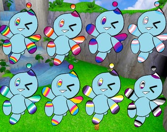 Puede incluir: Ocho criaturas de dibujos animados de color azul claro con cabezas redondas y alas pequeñas, cada una con diferentes patrones de banderas de orgullo en los ojos, alas y pies. Los personajes tienen una expresión de guiño y un orbe flotante.