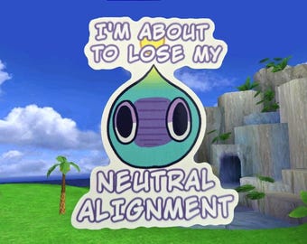 Puede incluir: Una pegatina con un personaje de dibujos animados con una cara morada y verde y el texto "Estoy a punto de perder mi alineación neutral".