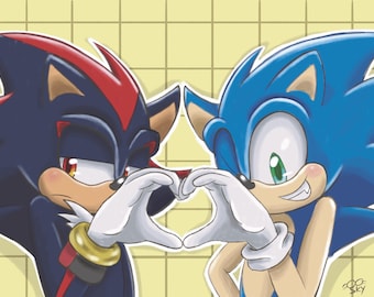 Puede incluir: Ilustración de dos erizos de dibujos animados, uno azul y otro negro, formando un corazón con sus manos enguantadas. El erizo azul tiene ojos verdes, y el erizo negro tiene ojos rojos. El fondo es una cuadrícula amarilla clara.