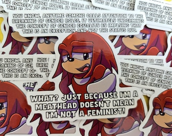 Puede incluir: Una colección de pegatinas con un personaje de dibujos animados con pelaje rojo y una expresión decidida. Una pegatina dice: "¿QUÉ? ¡SÓLO PORQUE SOY UN CABEZA HUECA NO SIGNIFICA QUE NO SEA FEMINISTA!" Otras pegatinas tienen texto sobre roles de género.