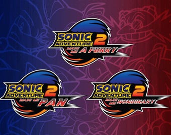 Puede incluir: Tres logotipos gráficos con el texto Sonic Adventure 2 y las frases adicionales Made Me A Furry, Made Me Pan y Made Me Nonbinary. Los logotipos utilizan un esquema de color azul, amarillo y rojo con letras estilizadas y líneas de movimiento.
