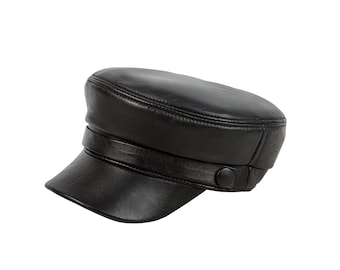 Handmade Black Leather Captain Hat, Women's Greek Fisherman Cap