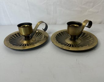 Vintage Homco Brass Chamberstick Candle Holders Set of 2 Fluted Gold Tone 5.5in