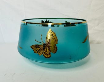 Tschechische Boho Kristall Aqua Blue Schale Frosted W / Gold Blumen & Schmetterling