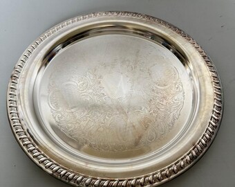 Leonard Silver EP Italy Round Serving Tray Etched Floral Gadroon Edge 12.5 Inch