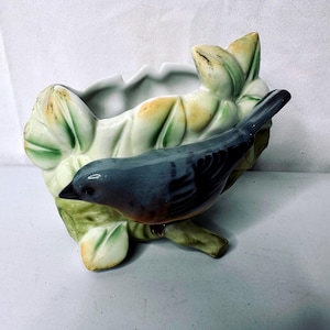 Vintage Japan Keramik Vogel Pflanzer Blau Orange Vogel Belaubter Zweig Mitte des Jahrhunderts