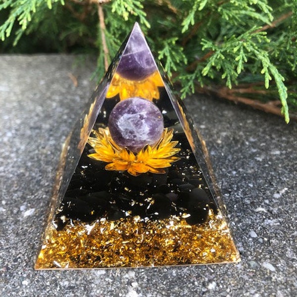 Magical Orgonite Pyramid, Handmade Crystal sphere pyramid, Reiki Healing, Energy Generator, Home Decor