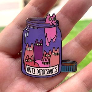 Large 1.75 inch Antidepressant cats in a jar Hard Enamel Pin | Acrylic Pin | Mental health pin | 1.75 inches tall | cat mom | cat gift