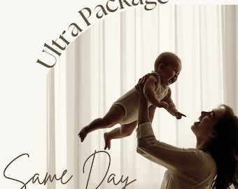 May include: A silhouette of an adult lifting a baby in the air against a bright window. The text reads Ultra Package, Same Day, and Fertility Reading in a dark brown font. The adult wears a long-sleeved top and pants, while the baby wears a onesie.