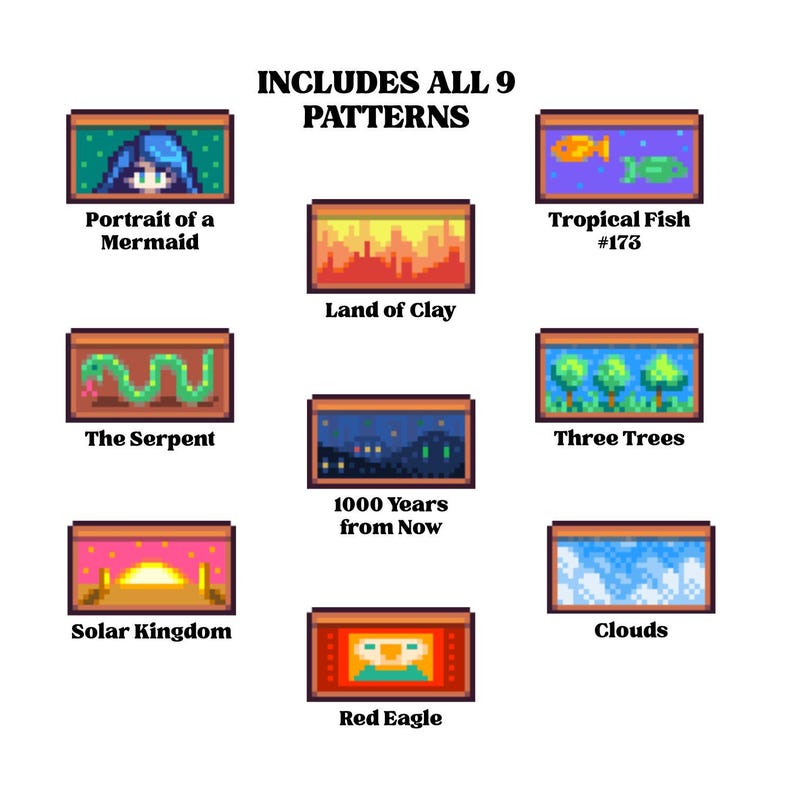 May include: An image showcasing nine pixel art patterns, each within a framed rectangle. The patterns include a mermaid, tropical fish, a serpent, a landscape, trees, clouds, a sunset, and an eagle. Text at the top reads "INCLUDES ALL 9 PATTERNS."