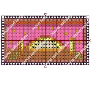 May include: A cross-stitch pattern featuring a rectangular design with a border of white circles and brown squares. The pattern uses pink, orange, yellow, brown, and black colors to create a floral or geometric design. The text "moon and medusa" is visible.