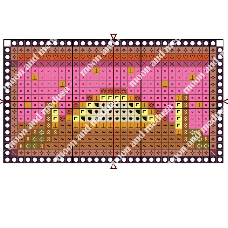 May include: A cross-stitch pattern featuring a rectangular design with a border of white circles and brown squares. The pattern uses pink, orange, yellow, brown, and black colors to create a floral or geometric design. The text "moon and medusa" is visible.