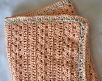 Handmade Crochet Baby Blanket: Peachy Pink Acrylic with White Trim