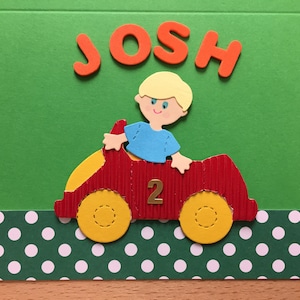 Personalisierte sensorische Geburtstagskarte - Noddy auto. Handgemacht auf Bestellung.